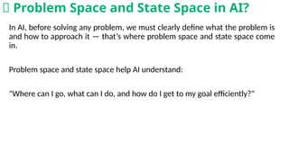 In AI, before solving any problem, we must clearly define what the problem is
and how to approach it — that’s where problem space and state space come
in.
Problem space and state space help AI understand:
"Where can I go, what can I do, and how do I get to my goal efficiently?"
🤔 Problem Space and State Space in AI?
 