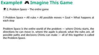 🌍 2. Problem Space – The entire game
🧠 Problem Space = All rules + All possible moves + Goal + What happens at
each step
Problem Space is the entire world of the problem — where Chintu starts, the
directions he can move in, where the apple is placed, what the rules are, all
possible paths and decisions Chintu can make — all of this together is called
the Problem Space.
Example# 🎮 Imagine This Game
 