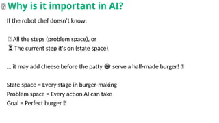 If the robot chef doesn’t know:
🔁 All the steps (problem space), or
⏳ The current step it's on (state space),
… it may add cheese before the patty or serve a half-made burger! 😅
😅
State space = Every stage in burger-making
Problem space = Every action AI can take
Goal = Perfect burger 🍔
🧠 Why is it important in AI?
 
