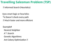 🎯 Informed Search (Heuristics)
Uses smart logic or heuristics
🔍 Doesn’t check every path
🚀 Much faster and more efficient
Example#
Nearest Neighbor
A* Search
Genetic Algorithms
Ant Colony Optimization 🐜
Travelling Salesman Problem (TSP)
 