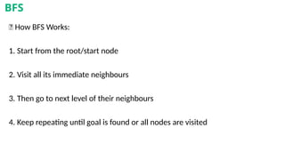 🧠 How BFS Works:
1. Start from the root/start node
2. Visit all its immediate neighbours
3. Then go to next level of their neighbours
4. Keep repeating until goal is found or all nodes are visited
BFS
 