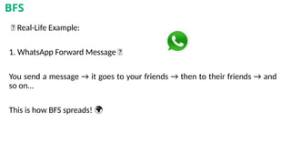 🎯 Real-Life Example:
1. WhatsApp Forward Message 📲
You send a message → it goes to your friends → then to their friends → and
so on…
This is how BFS spreads! 🌍
BFS
 