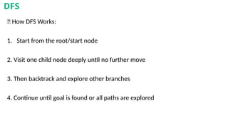 🧠 How DFS Works:
1. Start from the root/start node
2. Visit one child node deeply until no further move
3. Then backtrack and explore other branches
4. Continue until goal is found or all paths are explored
DFS
 