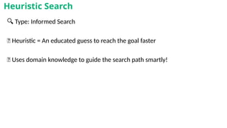 🔍 Type: Informed Search
🧠 Heuristic = An educated guess to reach the goal faster
💡 Uses domain knowledge to guide the search path smartly!
Heuristic Search
 