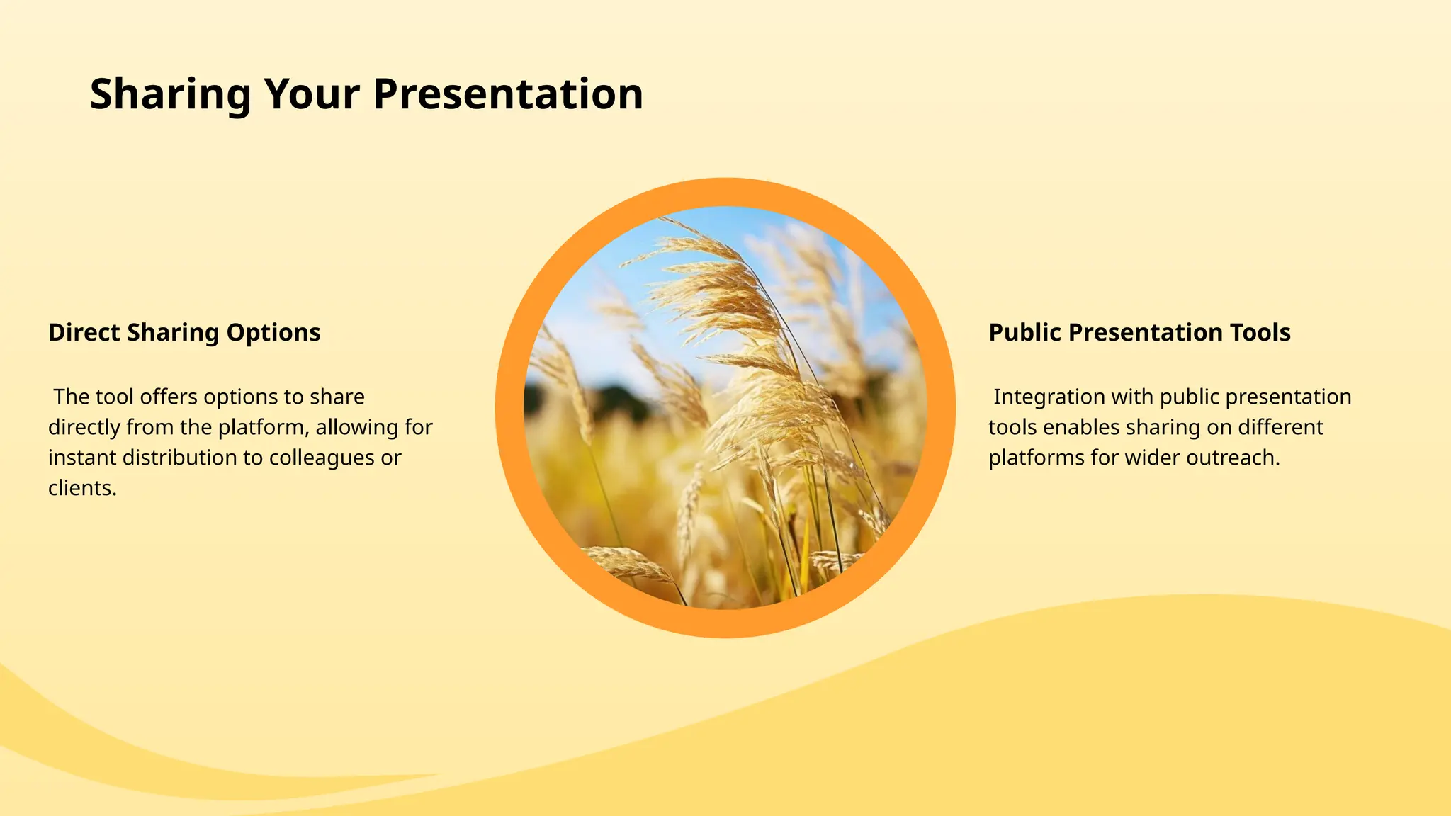 Sharing Your Presentation
Direct Sharing Options
The tool offers options to share
directly from the platform, allowing for
instant distribution to colleagues or
clients.
Public Presentation Tools
Integration with public presentation
tools enables sharing on different
platforms for wider outreach.
 