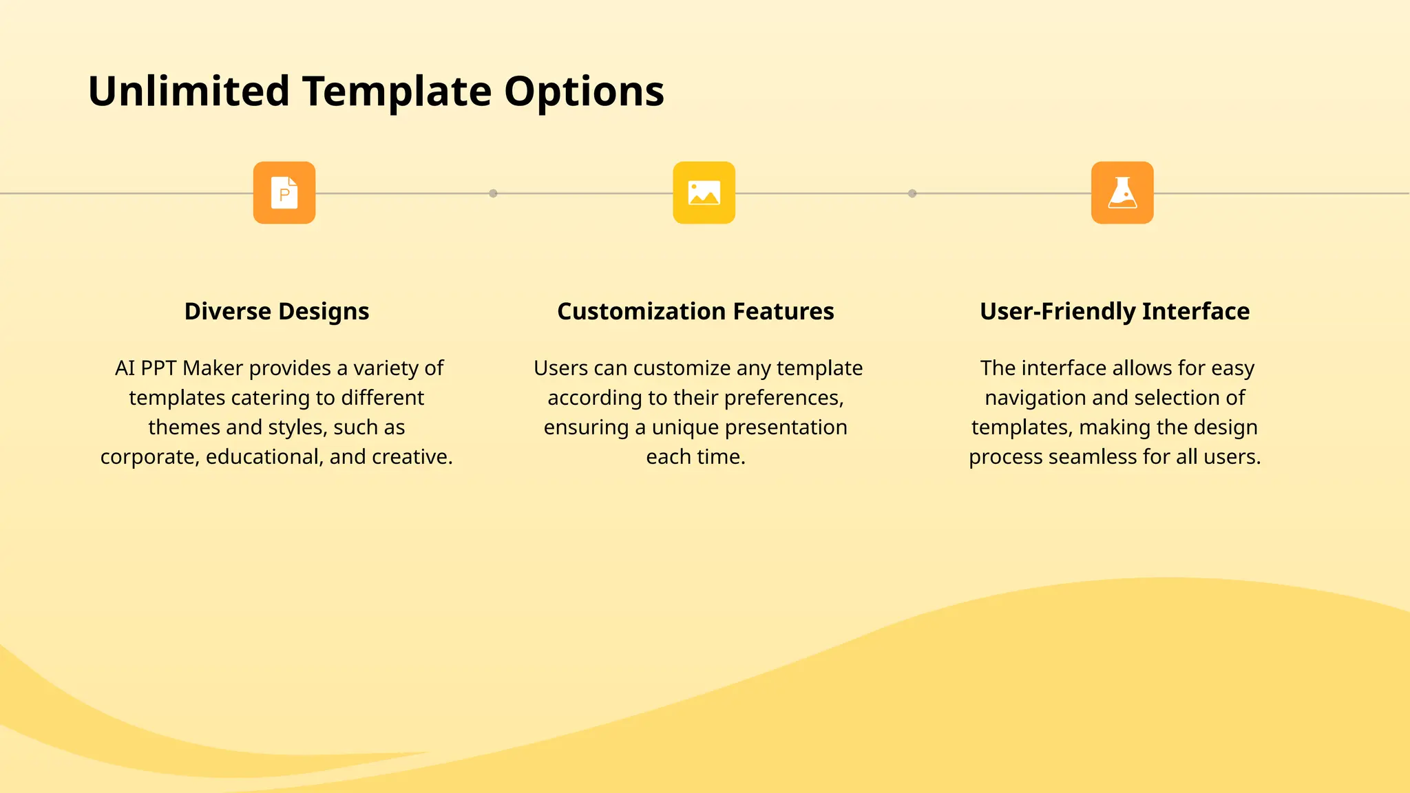Unlimited Template Options
Diverse Designs
AI PPT Maker provides a variety of
templates catering to different
themes and styles, such as
corporate, educational, and creative.
Customization Features
Users can customize any template
according to their preferences,
ensuring a unique presentation
each time.
User-Friendly Interface
The interface allows for easy
navigation and selection of
templates, making the design
process seamless for all users.
 