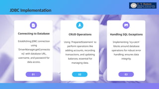 JDBC Implementation
01 02 03
Connecting to Database
Establishing JDBC connection
using
`DriverManager.getConnectio
n()` with database URL,
username, and password for
data access.
CRUD Operations
Using `PreparedStatement` to
perform operations like
adding accounts, recording
transactions, and updating
balances; essential for
managing data.
Handling SQL Exceptions
Implementing `try-catch`
blocks around database
operations for robust error
handling; ensures data
integrity.
 