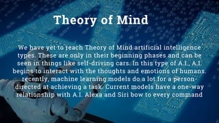 We have yet to reach Theory of Mind artificial intelligence
types. These are only in their beginning phases and can be
see...