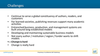 publishing.aip.org Proprietary & Confidential (AIP Publishing)
Challenges
• Continue to serve a global constituency of authors, readers, and
customers
• For learned societies, publishing revenues support many academic
activities
• Entrenched business, production, and management systems are
built around long-established models
• Developing and maintaining sustainable business models
• Not every author / institution / region / funder wants to shift
models
• Change is hard
• Change is really hard
 