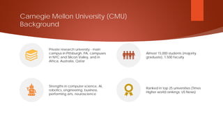 Carnegie Mellon University (CMU)
Background
Private research university - main
campus in Pittsburgh, PA, campuses
in NYC and Silicon Valley, and in
Africa, Australia, Qatar
Almost 15,000 students (majority
graduate), 1,500 faculty
Strengths in computer science, AI,
robotics, engineering, business,
performing arts, neuroscience
Ranked in top 25 universities (Times
Higher world rankings; US News)
 