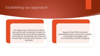 Establishing our approach
First agreement (Elsevier) involved
discussions with university faculty (via
Faculty Senate and Library Advisory
Committee), leadership (via University
Leadership Council) and Trustees - led
by Dean
Agreed that CMU endorses
sustainable open access as a means
of sharing knowledge and
accelerating scientific progress
 