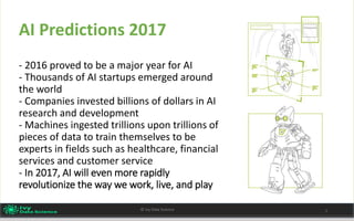 - 2016 proved to be a major year for AI
- Thousands of AI startups emerged around
the world
- Companies invested billions of dollars in AI
research and development
- Machines ingested trillions upon trillions of
pieces of data to train themselves to be
experts in fields such as healthcare, financial
services and customer service
- In 2017, AI will even more rapidly
revolutionize the way we work, live, and play
1
AI Predictions 2017
© Ivy Data Science 1
 