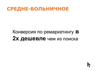 СРЕДНЕ-БОЛЬНИЧНОЕ



 Конверсия по ремаркетингу в
 2х дешевле чем из поиска
 