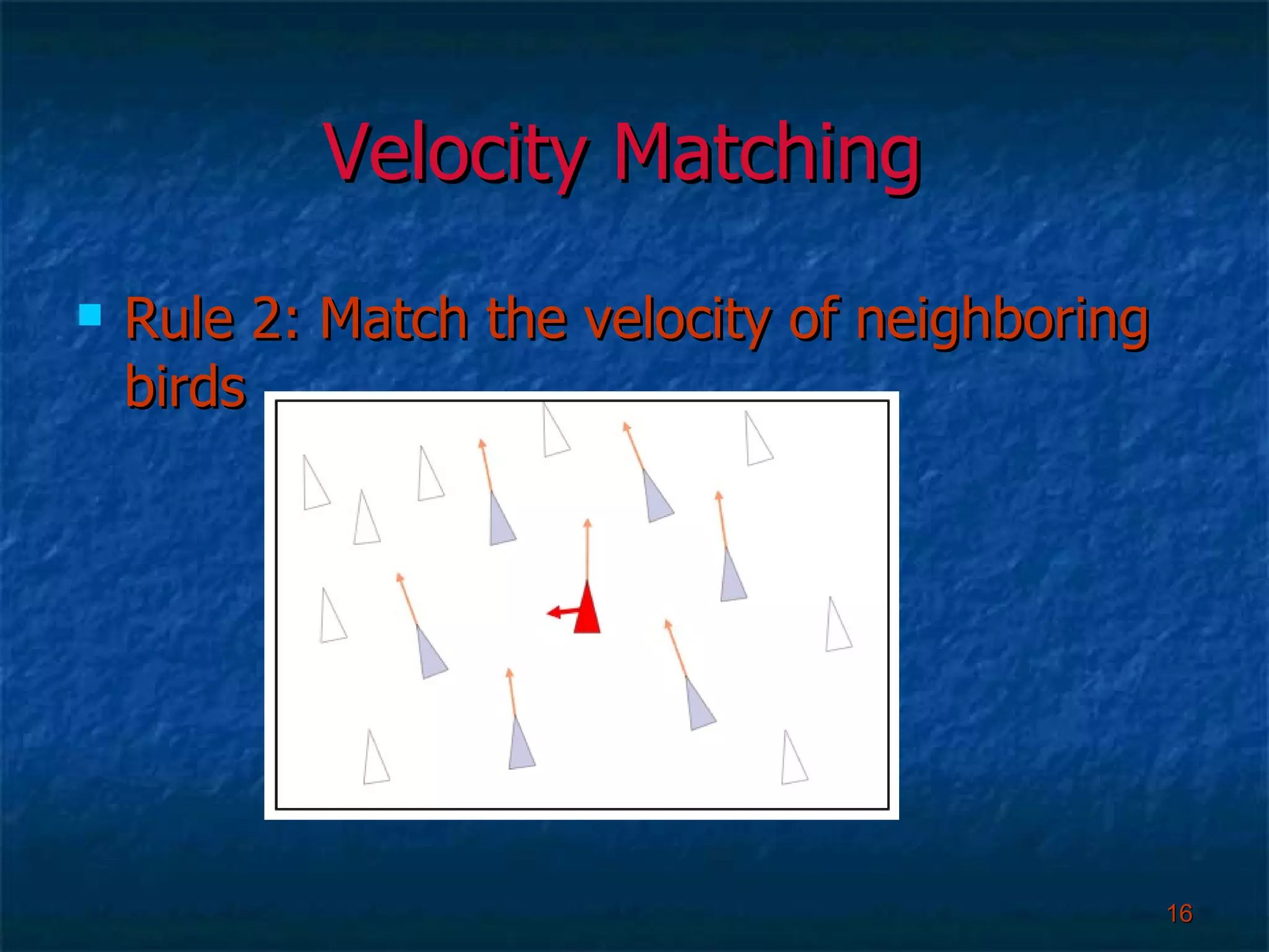 Velocity Matching  Rule 2: Match the velocity of neighboring birds 