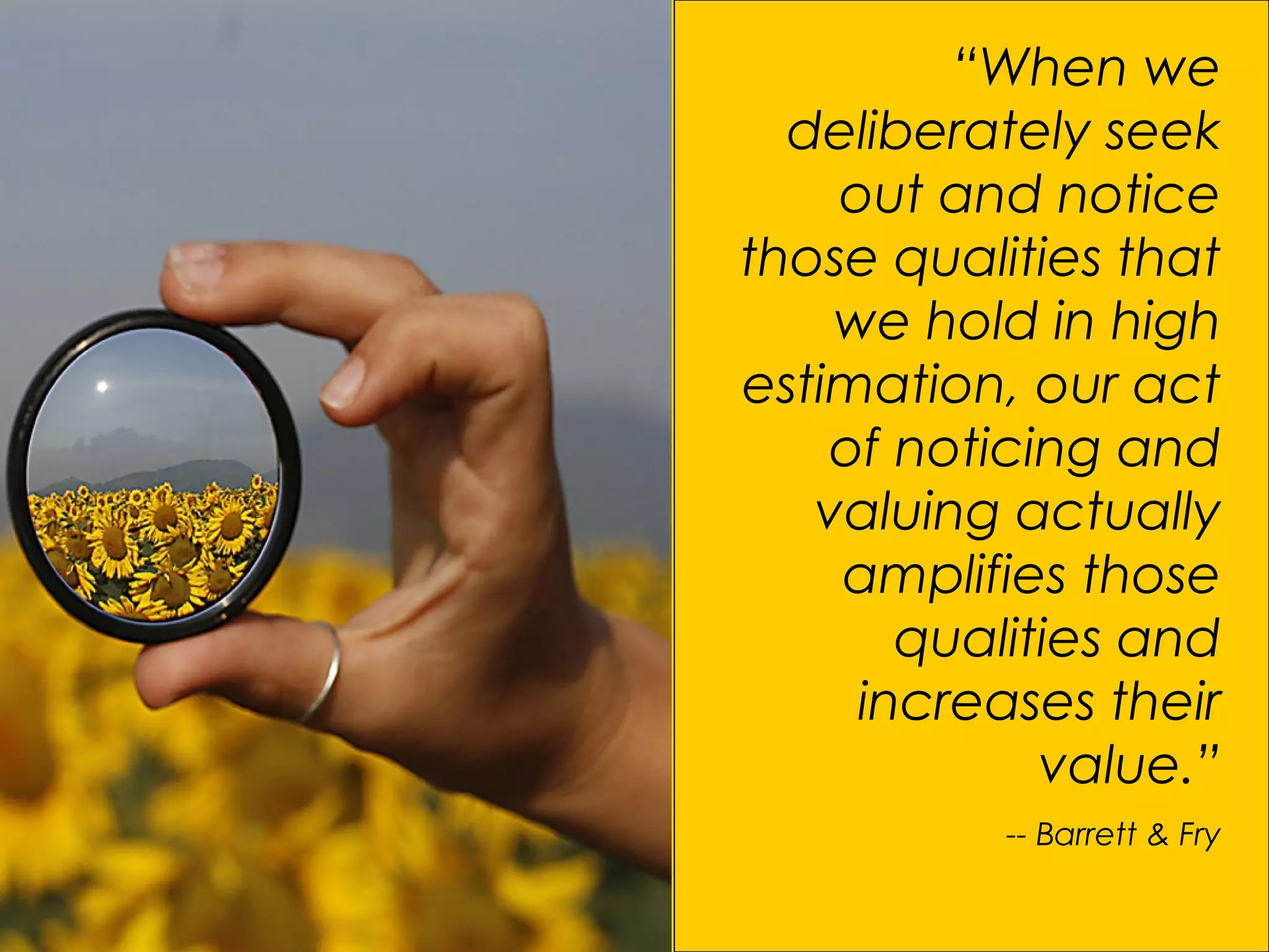 “When we
deliberately seek
out and notice
those qualities that
we hold in high
estimation, our act
of noticing and
valuing actually
amplifies those
qualities and
increases their
value.”
-- Barrett & Fry
 