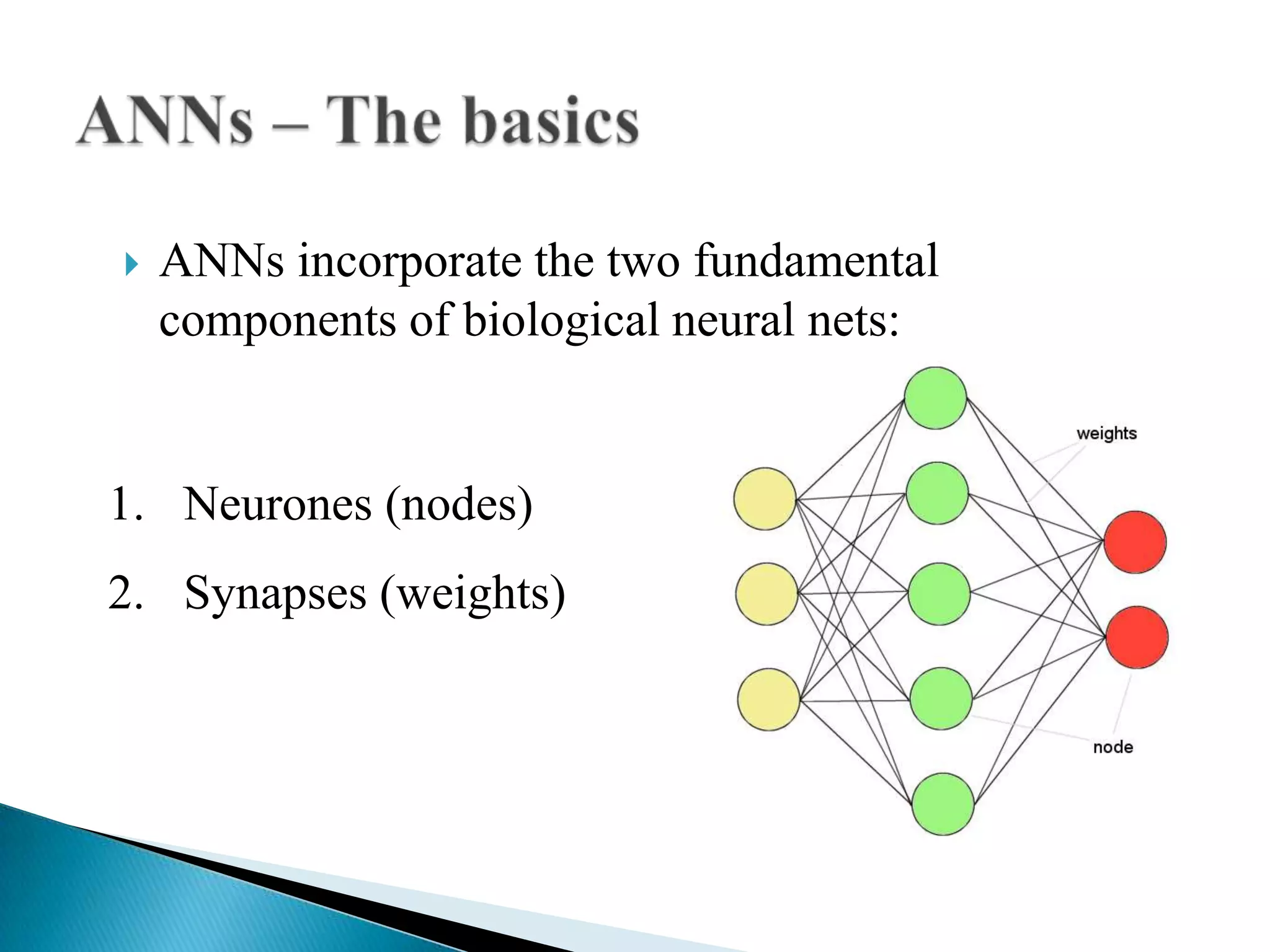    ANNs incorporate the two fundamental
    components of biological neural nets:


1. Neurones (nodes)
2. Synapses (weights)
 