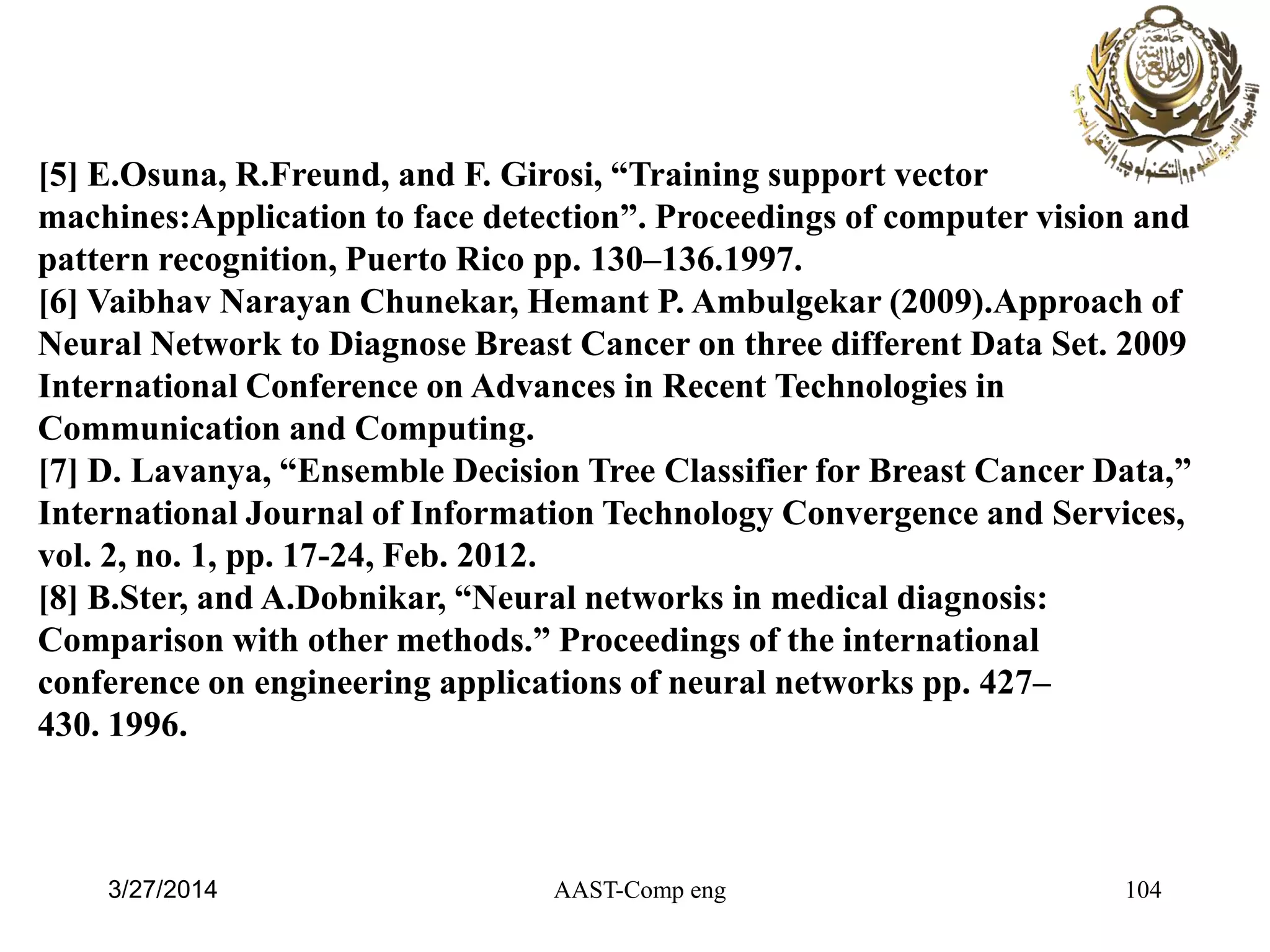 AAST-Comp eng 104
[5] E.Osuna, R.Freund, and F. Girosi, “Training support vector
machines:Application to face detection”. Proceedings of computer vision and
pattern recognition, Puerto Rico pp. 130–136.1997.
[6] Vaibhav Narayan Chunekar, Hemant P. Ambulgekar (2009).Approach of
Neural Network to Diagnose Breast Cancer on three different Data Set. 2009
International Conference on Advances in Recent Technologies in
Communication and Computing.
[7] D. Lavanya, “Ensemble Decision Tree Classifier for Breast Cancer Data,”
International Journal of Information Technology Convergence and Services,
vol. 2, no. 1, pp. 17-24, Feb. 2012.
[8] B.Ster, and A.Dobnikar, “Neural networks in medical diagnosis:
Comparison with other methods.” Proceedings of the international
conference on engineering applications of neural networks pp. 427–
430. 1996.
3/27/2014
 