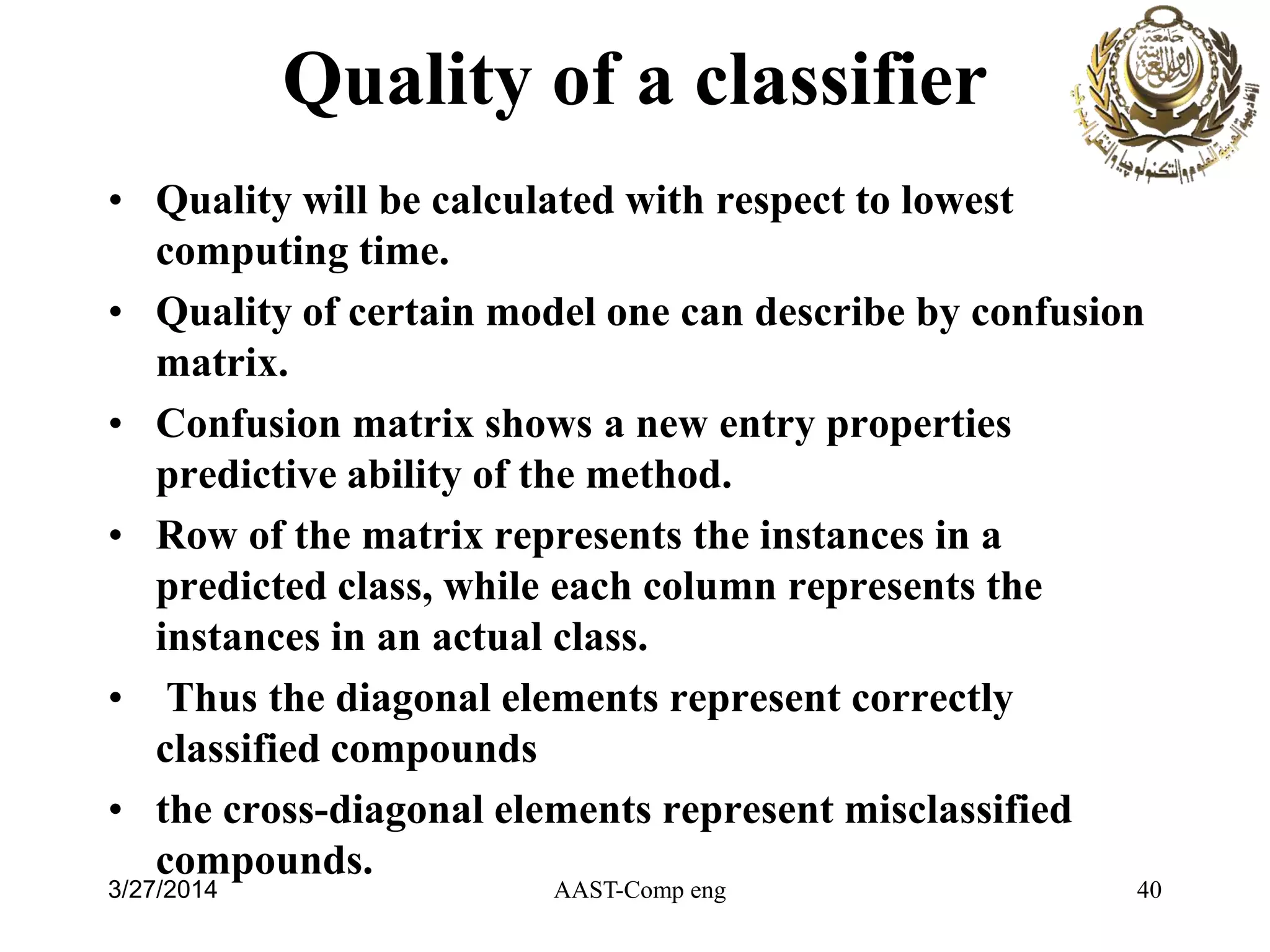 Quality of a classifier
• Quality will be calculated with respect to lowest
computing time.
• Quality of certain model one can describe by confusion
matrix.
• Confusion matrix shows a new entry properties
predictive ability of the method.
• Row of the matrix represents the instances in a
predicted class, while each column represents the
instances in an actual class.
• Thus the diagonal elements represent correctly
classified compounds
• the cross-diagonal elements represent misclassified
compounds.
AAST-Comp eng 403/27/2014
 