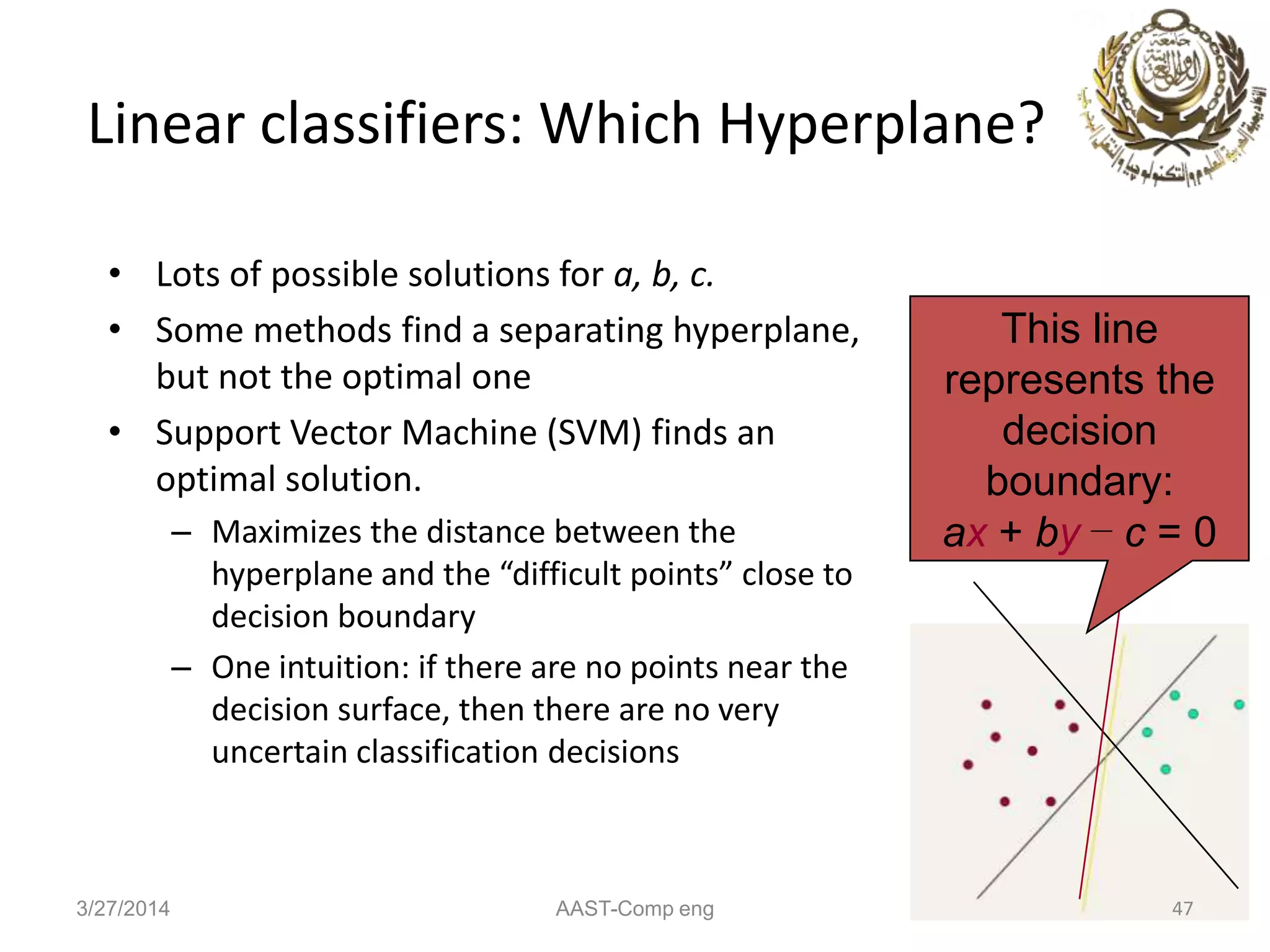 Linear classifiers: Which Hyperplane?
• Lots of possible solutions for a, b, c.
• Some methods find a separating hyperplane,
but not the optimal one
• Support Vector Machine (SVM) finds an
optimal solution.
– Maximizes the distance between the
hyperplane and the “difficult points” close to
decision boundary
– One intuition: if there are no points near the
decision surface, then there are no very
uncertain classification decisions
47
This line
represents the
decision
boundary:
ax + by − c = 0
Ch. 15
3/27/2014 AAST-Comp eng
 
