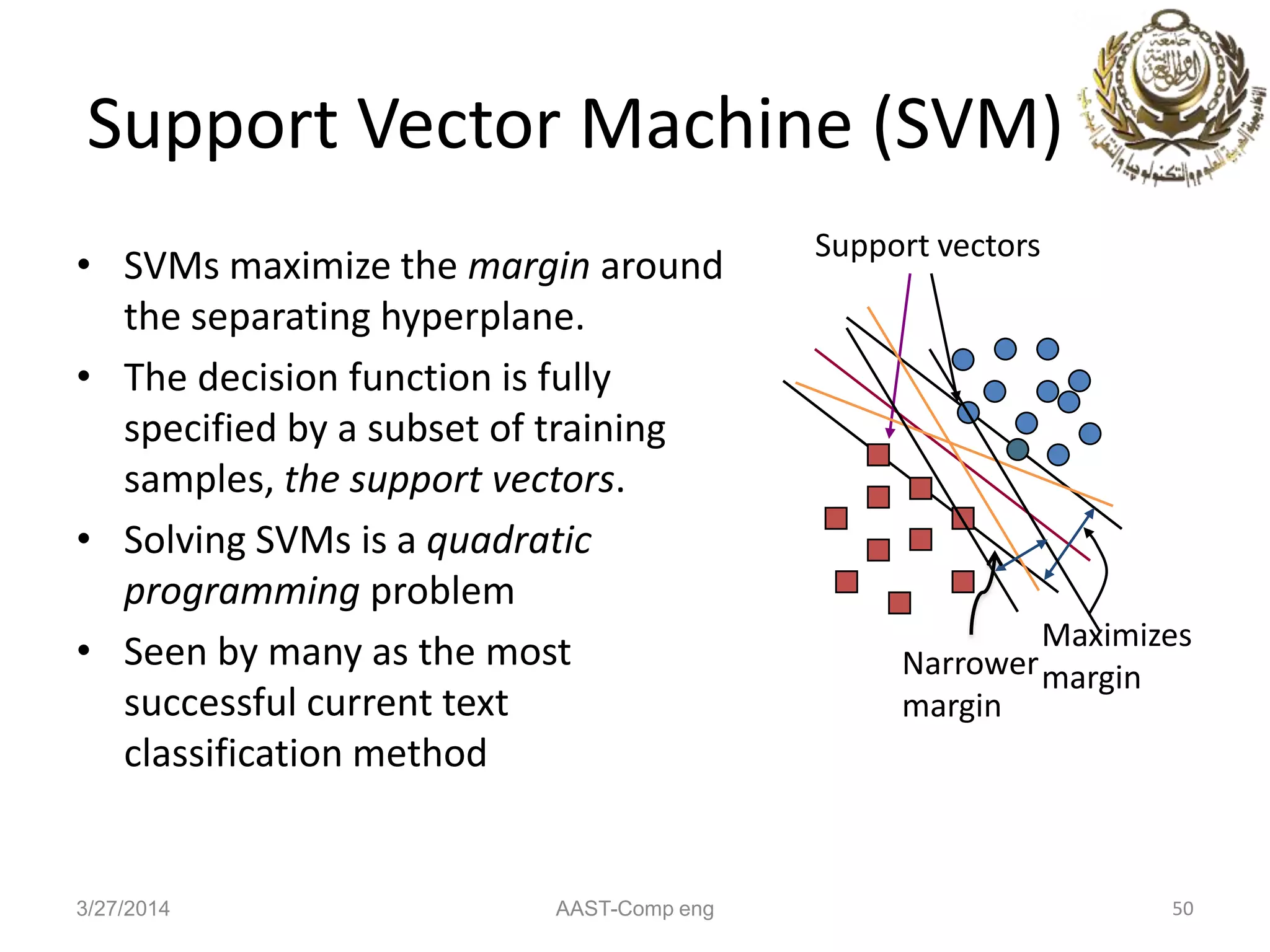 Support Vector Machine (SVM)
• SVMs maximize the margin around
the separating hyperplane.
• The decision function is fully
specified by a subset of training
samples, the support vectors.
• Solving SVMs is a quadratic
programming problem
• Seen by many as the most
successful current text
classification method
50
Support vectors
Maximizes
margin
Sec. 15.1
Narrower
margin
3/27/2014 AAST-Comp eng
 