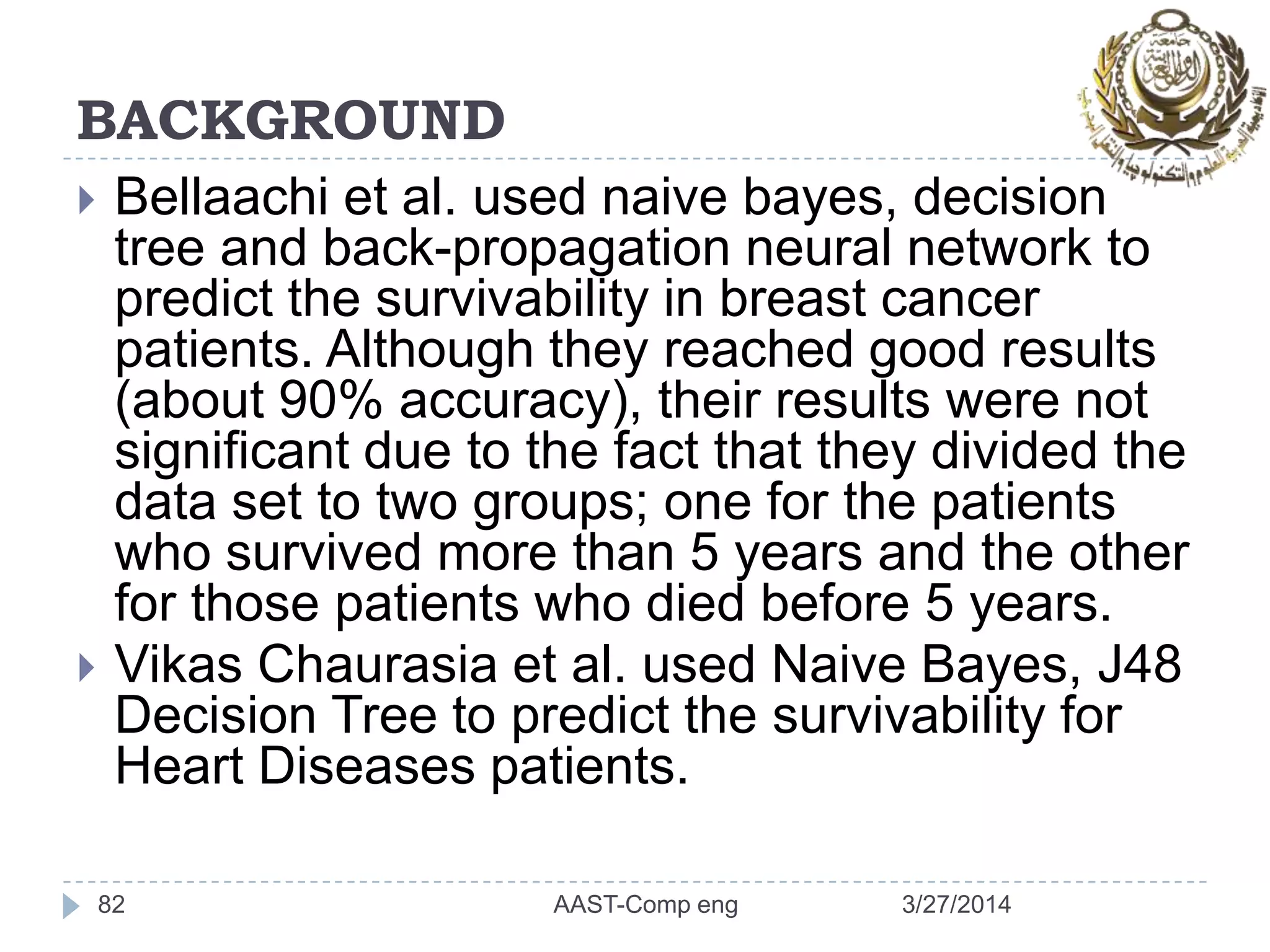 BACKGROUND
 Bellaachi et al. used naive bayes, decision
tree and back-propagation neural network to
predict the survivability in breast cancer
patients. Although they reached good results
(about 90% accuracy), their results were not
significant due to the fact that they divided the
data set to two groups; one for the patients
who survived more than 5 years and the other
for those patients who died before 5 years.
 Vikas Chaurasia et al. used Naive Bayes, J48
Decision Tree to predict the survivability for
Heart Diseases patients.
82 3/27/2014AAST-Comp eng
 