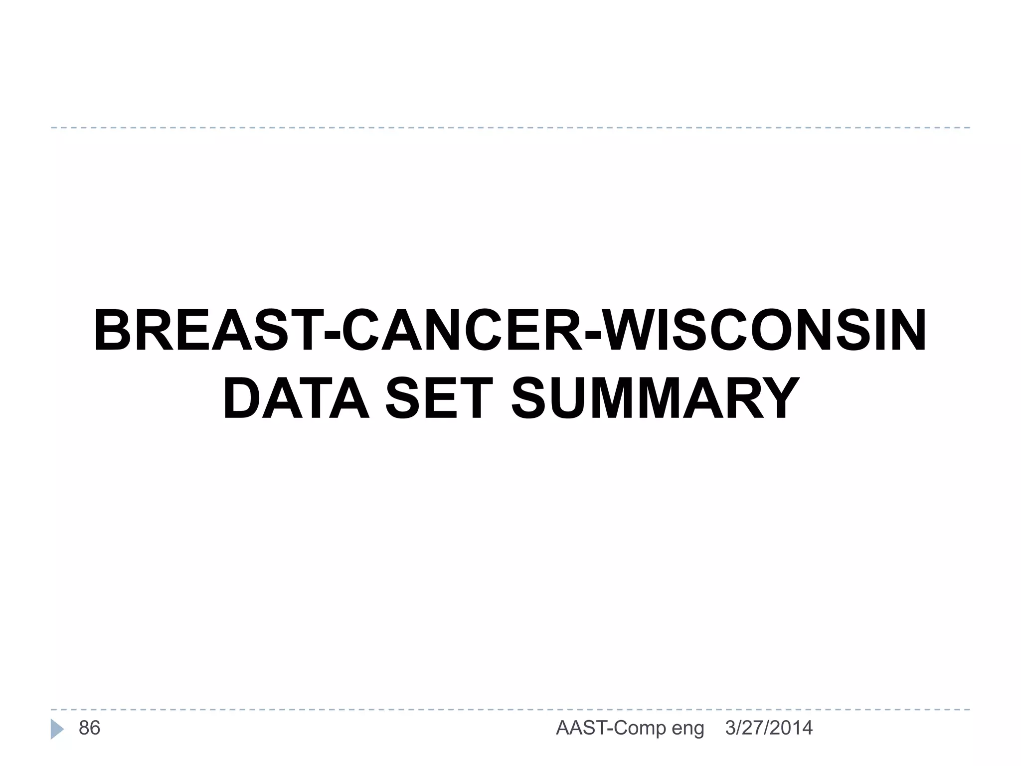 3/27/2014AAST-Comp eng86
BREAST-CANCER-WISCONSIN
DATA SET SUMMARY
 
