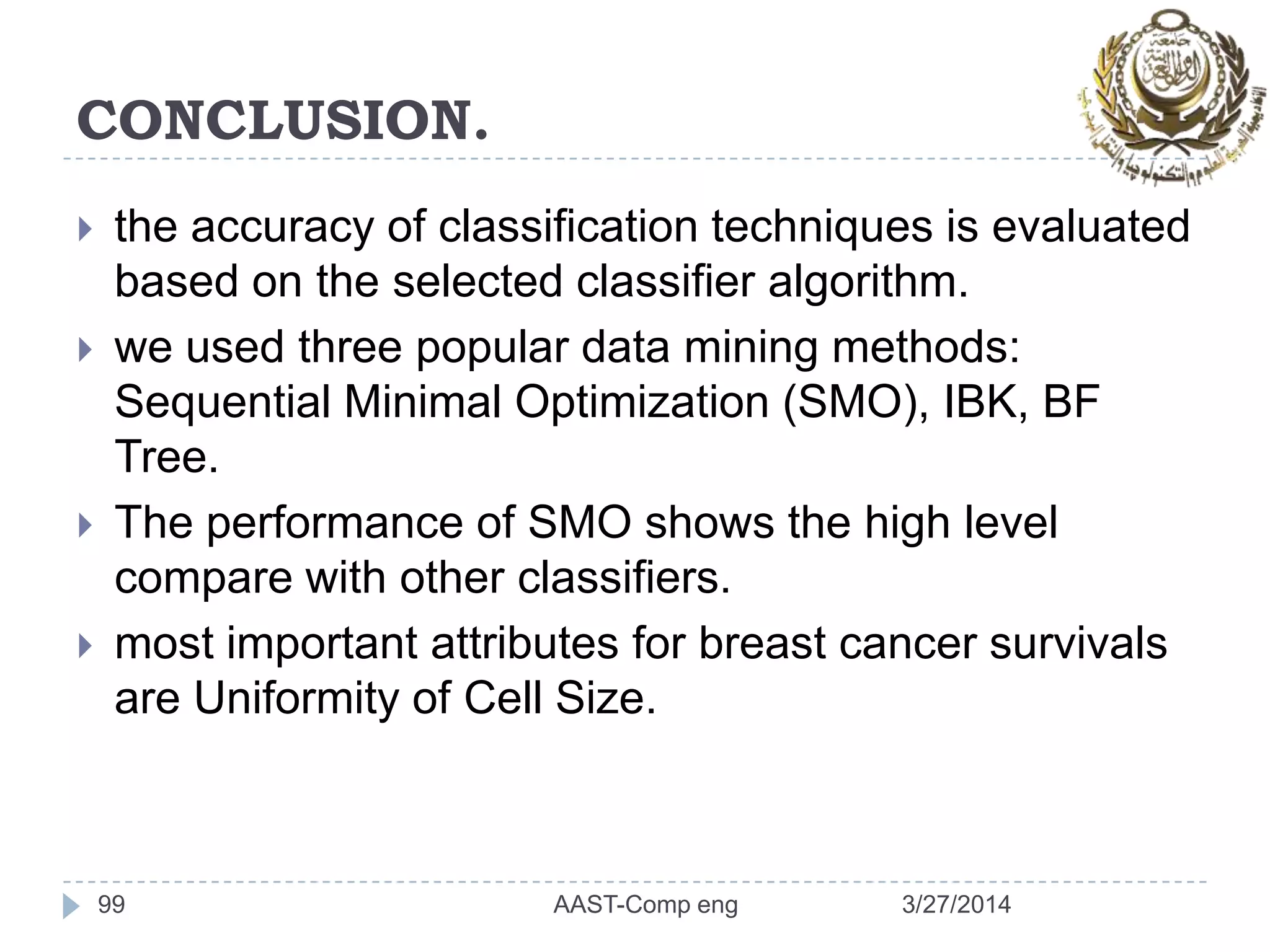 CONCLUSION.
 the accuracy of classification techniques is evaluated
based on the selected classifier algorithm.
 we used three popular data mining methods:
Sequential Minimal Optimization (SMO), IBK, BF
Tree.
 The performance of SMO shows the high level
compare with other classifiers.
 most important attributes for breast cancer survivals
are Uniformity of Cell Size.
99 3/27/2014AAST-Comp eng
 