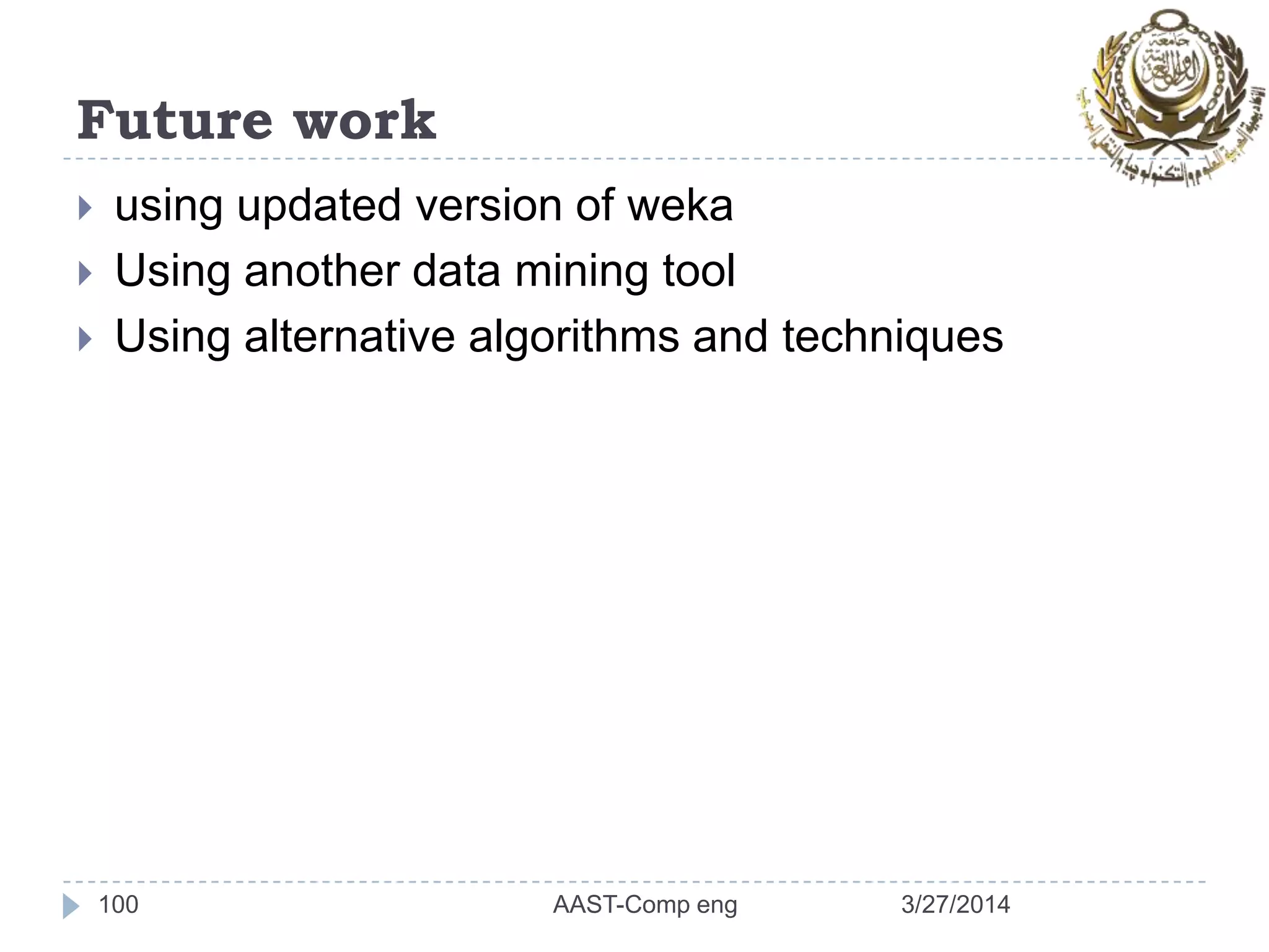 Future work
 using updated version of weka
 Using another data mining tool
 Using alternative algorithms and techniques
3/27/2014AAST-Comp eng100
 