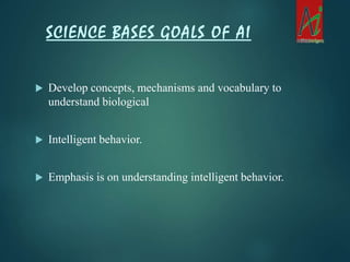  Develop concepts, mechanisms and vocabulary to
understand biological
 Intelligent behavior.
 Emphasis is on understanding intelligent behavior.
SCIENCE BASES GOALS OF AI
 