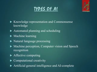  Knowledge representation and Commonsense
knowledge
 Automated planning and scheduling
 Machine learning
 Natural language processing
 Machine perception, Computer vision and Speech
recognition
 Affective computing
 Computational creativity
 Artificial general intelligence and AI-complete
TYPES OF AI
 