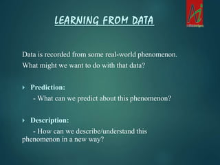 Data is recorded from some real-world phenomenon.
What might we want to do with that data?
 Prediction:
- What can we predict about this phenomenon?
 Description:
- How can we describe/understand this
phenomenon in a new way?
LEARNING FROM DATA
 