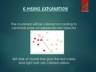 The clustered will be colored According to
centroids base on perpendicular bisector
left side of cluster line give the red colors
and right side are colored yellow
K-MEANS EXPLANATION
 
