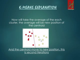 Now will take the average of the each
cluster, the average will be new position of
the centroid
And the centroid move to new position, this
is second iterations
K-MEANS EXPLANATION
 