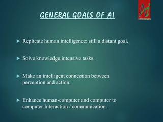  Replicate human intelligence: still a distant goal.
 Solve knowledge intensive tasks.
 Make an intelligent connection between
perception and action.
 Enhance human-computer and computer to
computer Interaction / communication.
GENERAL GOALS OF AI
 