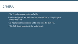 CAMERA:
 The Video Camera generates an AVI file.
 We can sample this AVI file at particular time intervals (0.1 ms) and get a
BMP(Bitmap ) file.
 All the graphical manipulations will be done using this BMP File.
 This BMP files is passed onto the control circuit.
 