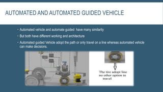 AUTOMATED AND AUTOMATED GUIDED VEHICLE
 Automated vehicle and automate guided have many similarity
 But both have different working and architecture
 Automated guided Vehicle adopt the path or only travel on a line whereas automated vehicle
can make decisions.
 