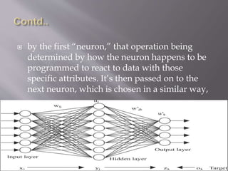  by the first “neuron,” that operation being
determined by how the neuron happens to be
programmed to react to data with those
specific attributes. It’s then passed on to the
next neuron, which is chosen in a similar way,
 