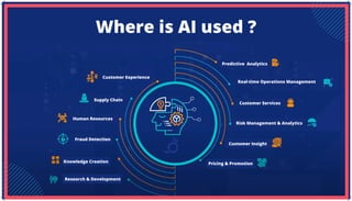 Where is AI used ?
Customer Experience
Supply Chain
Human Resources
Fraud Detection
Knowledge Creation
Research & Development
Predictive Analytics
Real-time Operations Management
Customer Services
Risk Management & Analytics
Customer Insight
Pricing & Promotion
 