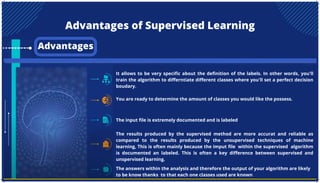 Advantages of Supervised Learning
Advantages
It allows to be very specific about the definition of the labels. In other words, you'll
train the algorithm to differntiate different classes where you'll set a perfect decision
boudary.
You are ready to determine the amount of classes you would like the possess.
The input file is extremely documented and is labeled
The results produced by the supervised method are more accurat and reliable as
compared to the results produced by the unsupervised techniques of machine
learning, This is often mainly because the imput file within the supervised algorithm
is documented an labeled. This is often a key difference between supervised and
unspervised learning.
The answers within the analysis and therefore the output of your algorithm are likely
to be know thanks to that each one classes used are known
 