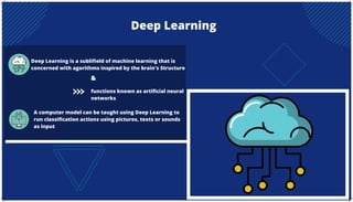 Deep Learning
Deep Learning is a sublifield of machine learning that is
concerned with agorithms inspired by the brain's Structure
functions known as artificial neural
networks
A computer model can be taught using Deep Learning to
run classification actions using pictures, texts or sounds
as input
&
 