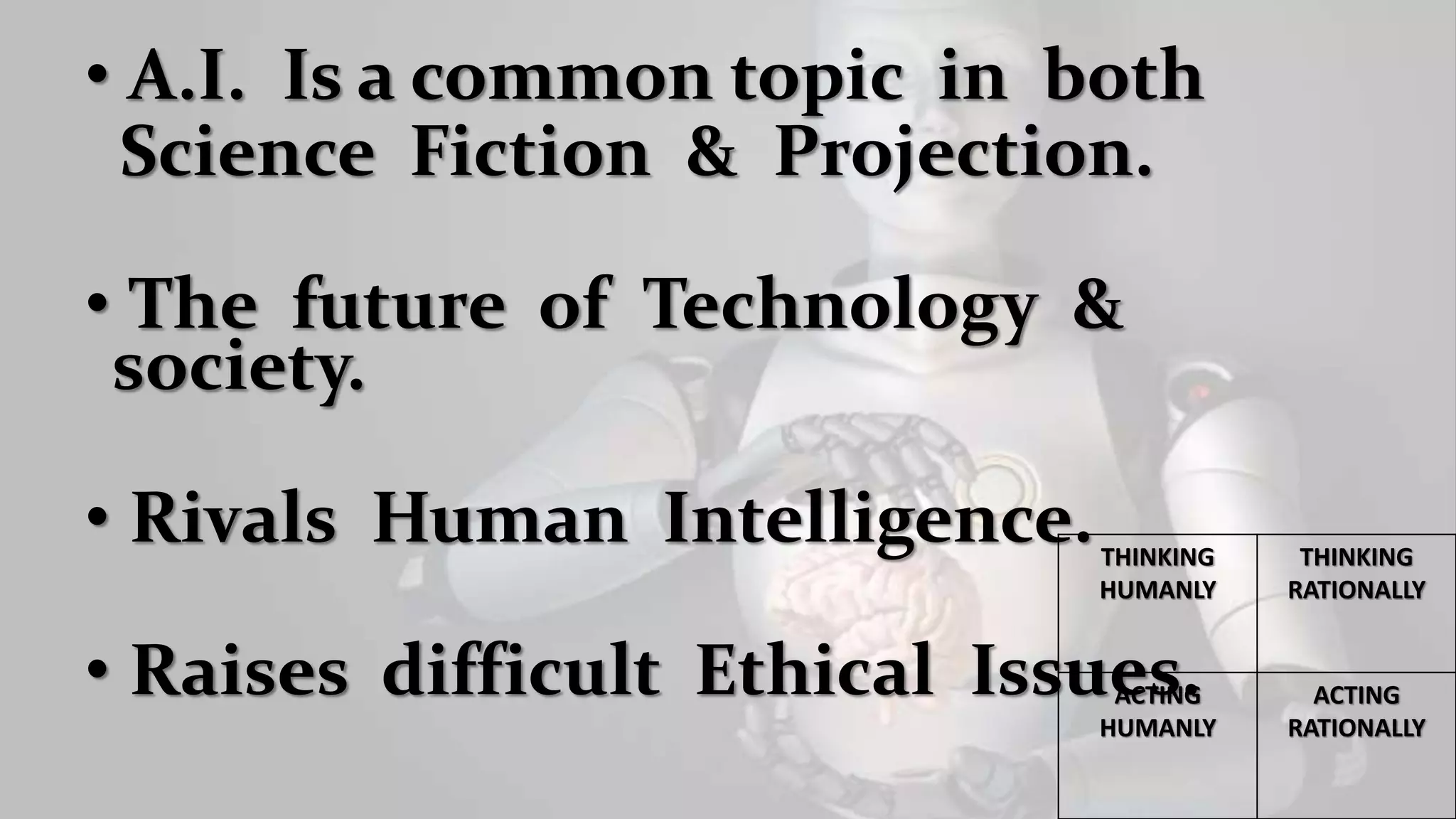 • A.I. Is a common topic in both
Science Fiction & Projection.
• The future of Technology &
society.
• Rivals Human Intelligence.
• Raises difficult Ethical Issues.
THINKING
HUMANLY
THINKING
RATIONALLY
ACTING
HUMANLY
ACTING
RATIONALLY
 