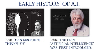 EARLY HISTORY OF A.I.
1950 : “CAN MACHINES
THINK??????”
1956 : THE TERM
“ARTIFICIAL INTELLIGENCE”
WAS FIRST INTRODUCED.
 