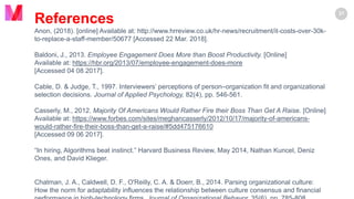 www.macawly.com
Copyright © 2018 Macawly. All Rights Reserved.
31
X
References
Anon, (2018). [online] Available at: http://www.hrreview.co.uk/hr-news/recruitment/it-costs-over-30k-
to-replace-a-staff-member/50677 [Accessed 22 Mar. 2018].
Baldoni, J., 2013. Employee Engagement Does More than Boost Productivity. [Online]
Available at: https://hbr.org/2013/07/employee-engagement-does-more
[Accessed 04 08 2017].
Cable, D. & Judge, T., 1997. Interviewers’ perceptions of person–organization fit and organizational
selection decisions. Journal of Applied Psychology, 82(4), pp. 546-561.
Casserly, M., 2012. Majority Of Americans Would Rather Fire their Boss Than Get A Raise. [Online]
Available at: https://www.forbes.com/sites/meghancasserly/2012/10/17/majority-of-americans-
would-rather-fire-their-boss-than-get-a-raise/#5dd475176610
[Accessed 09 06 2017].
“In hiring, Algorithms beat instinct.” Harvard Business Review, May 2014, Nathan Kuncel, Deniz
Ones, and David Klieger.
Chatman, J. A., Caldwell, D. F., O'Reilly, C. A. & Doerr, B., 2014. Parsing organizational culture:
How the norm for adaptability influences the relationship between culture consensus and financial
 