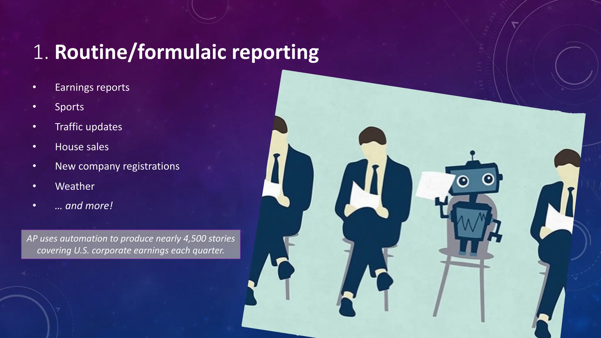 1. Routine/formulaic reporting
• Earnings reports
• Sports
• Traffic updates
• House sales
• New company registrations
• Weather
• … and more!
AP uses automation to produce nearly 4,500 stories
covering U.S. corporate earnings each quarter.
 