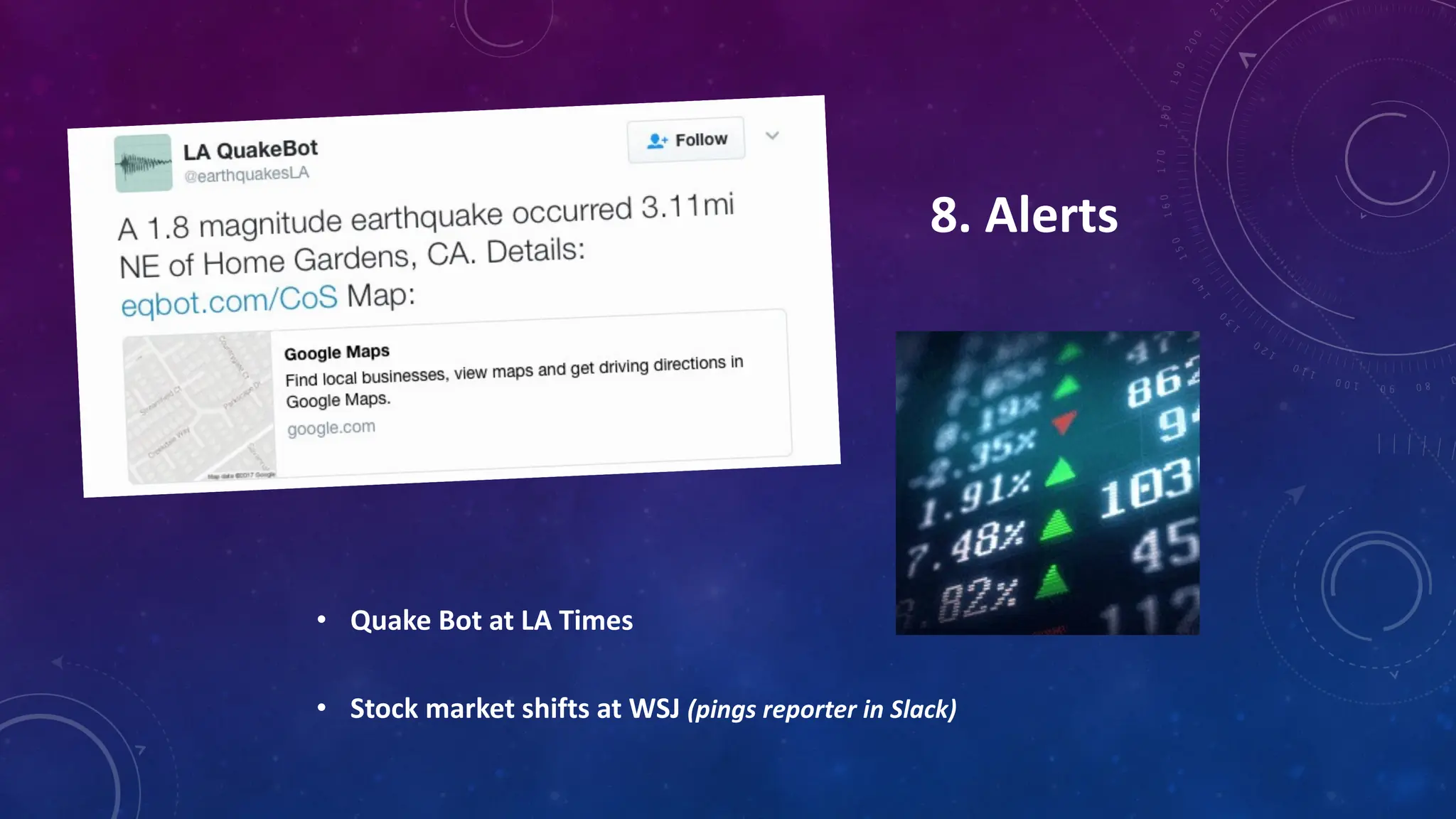 8. Alerts
• Quake Bot at LA Times
• Stock market shifts at WSJ (pings reporter in Slack)
 