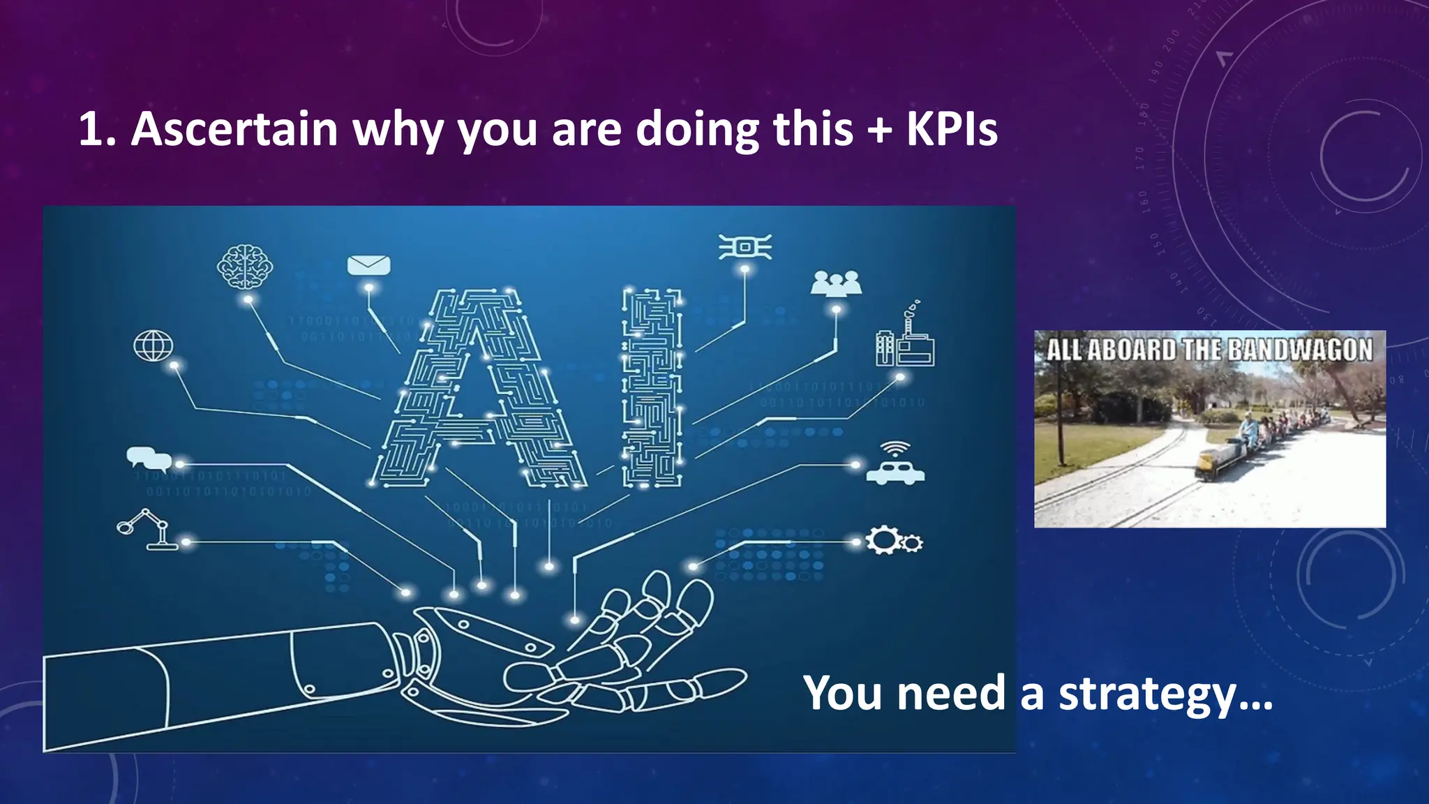 You need a strategy…
1. Ascertain why you are doing this + KPIs
 