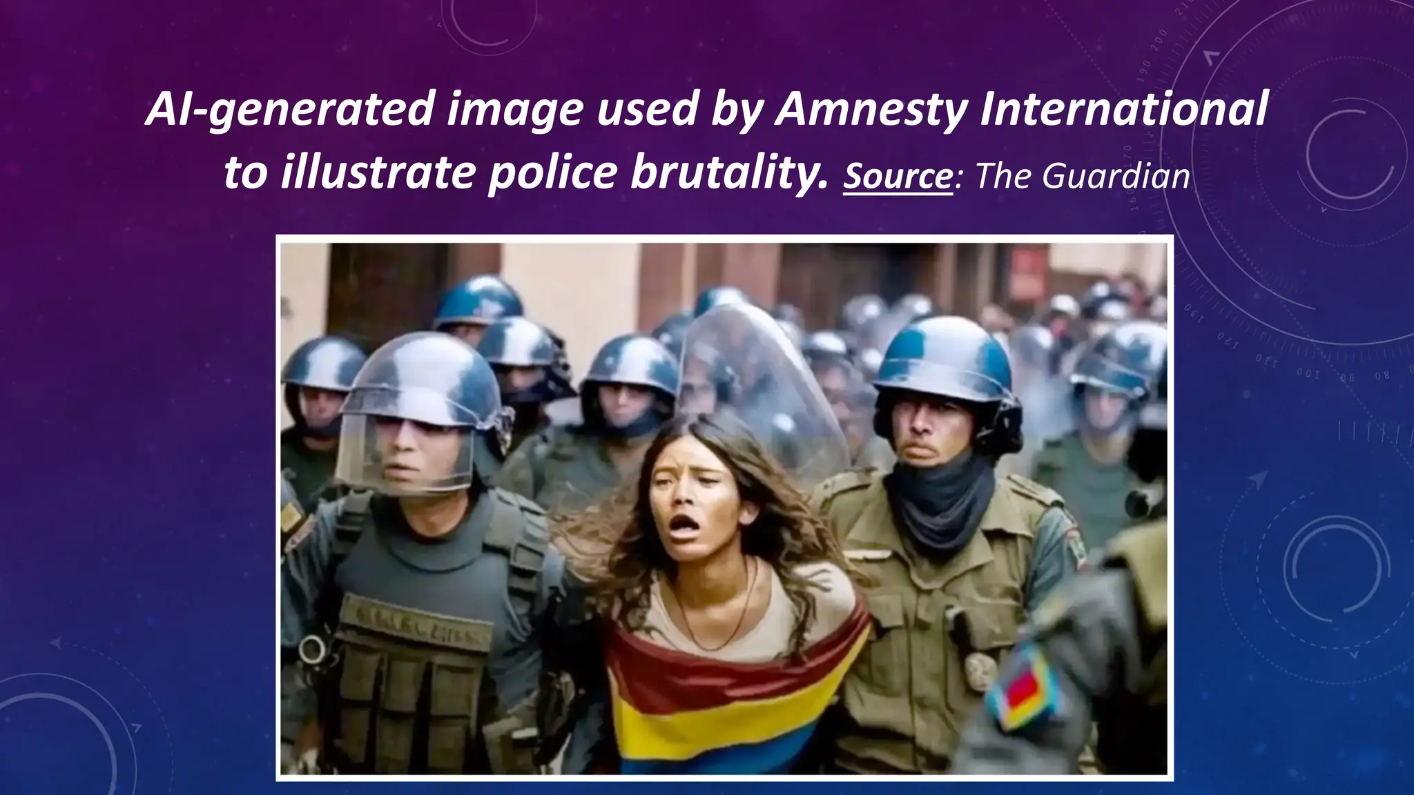 AI-generated image used by Amnesty International
to illustrate police brutality. Source: The Guardian
 