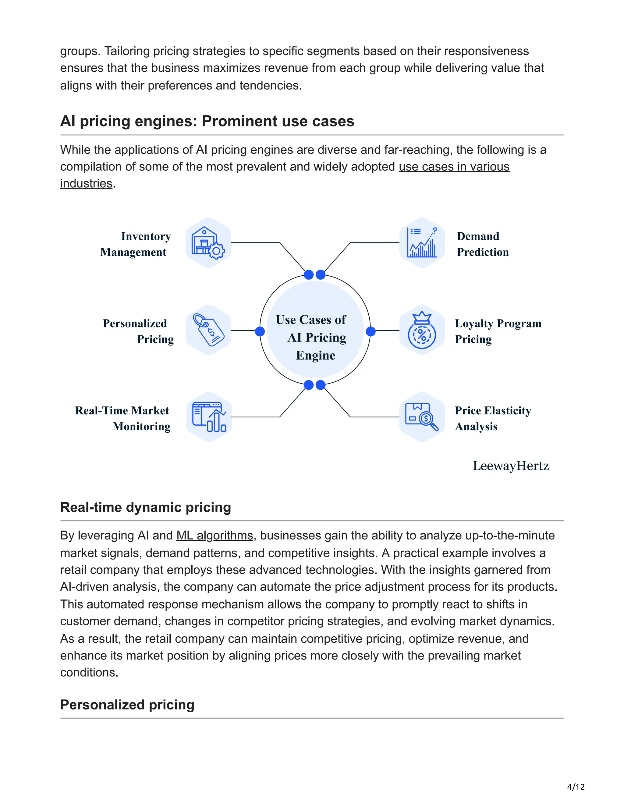 4/12
groups. Tailoring pricing strategies to specific segments based on their responsiveness
ensures that the business maximizes revenue from each group while delivering value that
aligns with their preferences and tendencies.
AI pricing engines: Prominent use cases
While the applications of AI pricing engines are diverse and far-reaching, the following is a
compilation of some of the most prevalent and widely adopted use cases in various
industries.
LeewayHertz
Inventory
Management
Personalized
Pricing
Real-Time Market
Monitoring
Demand
Prediction
Loyalty Program
Pricing
Price Elasticity
Analysis
Use Cases of
AI Pricing
Engine
Real-time dynamic pricing
By leveraging AI and ML algorithms, businesses gain the ability to analyze up-to-the-minute
market signals, demand patterns, and competitive insights. A practical example involves a
retail company that employs these advanced technologies. With the insights garnered from
AI-driven analysis, the company can automate the price adjustment process for its products.
This automated response mechanism allows the company to promptly react to shifts in
customer demand, changes in competitor pricing strategies, and evolving market dynamics.
As a result, the retail company can maintain competitive pricing, optimize revenue, and
enhance its market position by aligning prices more closely with the prevailing market
conditions.
Personalized pricing
 