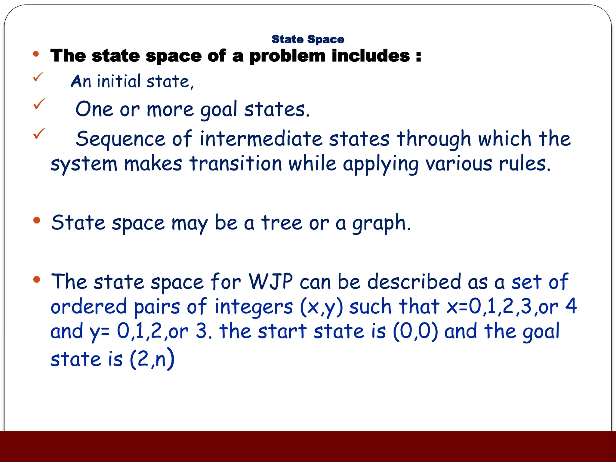 State Space
 The state space of a problem includes :
 An initial state,
 One or more goal states.
 Sequence of intermediate states through which the
system makes transition while applying various rules.
 State space may be a tree or a graph.
 The state space for WJP can be described as a set of
ordered pairs of integers (x,y) such that x=0,1,2,3,or 4
and y= 0,1,2,or 3. the start state is (0,0) and the goal
state is (2,n)
 