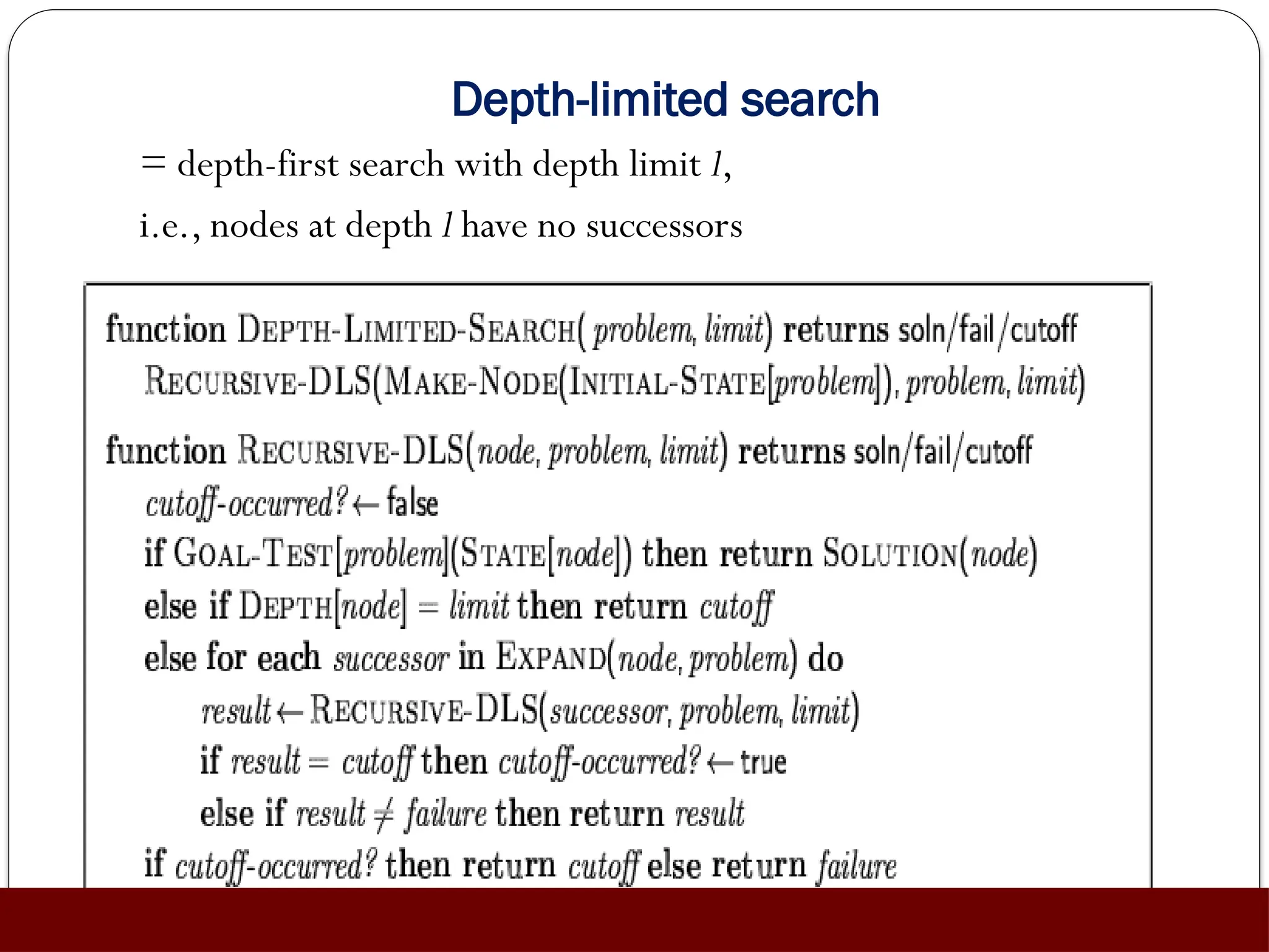 Depth-limited search
= depth-first search with depth limit l,
i.e., nodes at depth l have no successors
 Recursive implementation:
 